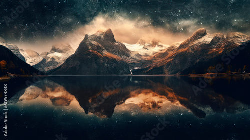 starry sky over mountains and lake