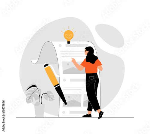 Copywriter, content manager, blogger write for social networks. Woman create promotion in social networks and interesting content. Illustration with people scene in flat design for website and mobile