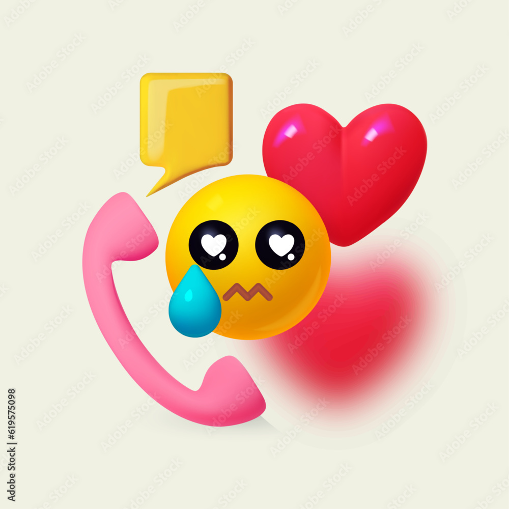 Unrequited love and feelings concept. Yellow ball with face, phone and heart. Emotion expression Unrequited love and feelings concept. Yellow ball with face, phone and heart. Emotion expression