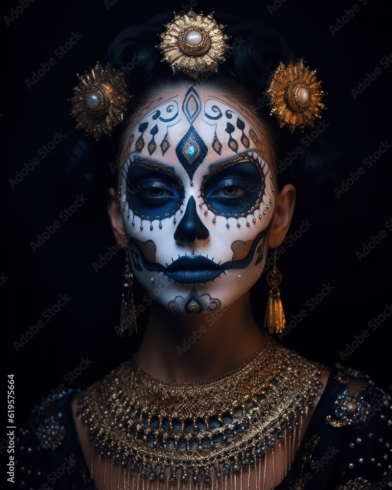 Woman with sugar skull makeup and flowers. close-up. Dia de los muertos, mexican holiday of the dead. 