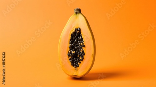 A single papaya fruit on orange background. Created with generative AI. photo