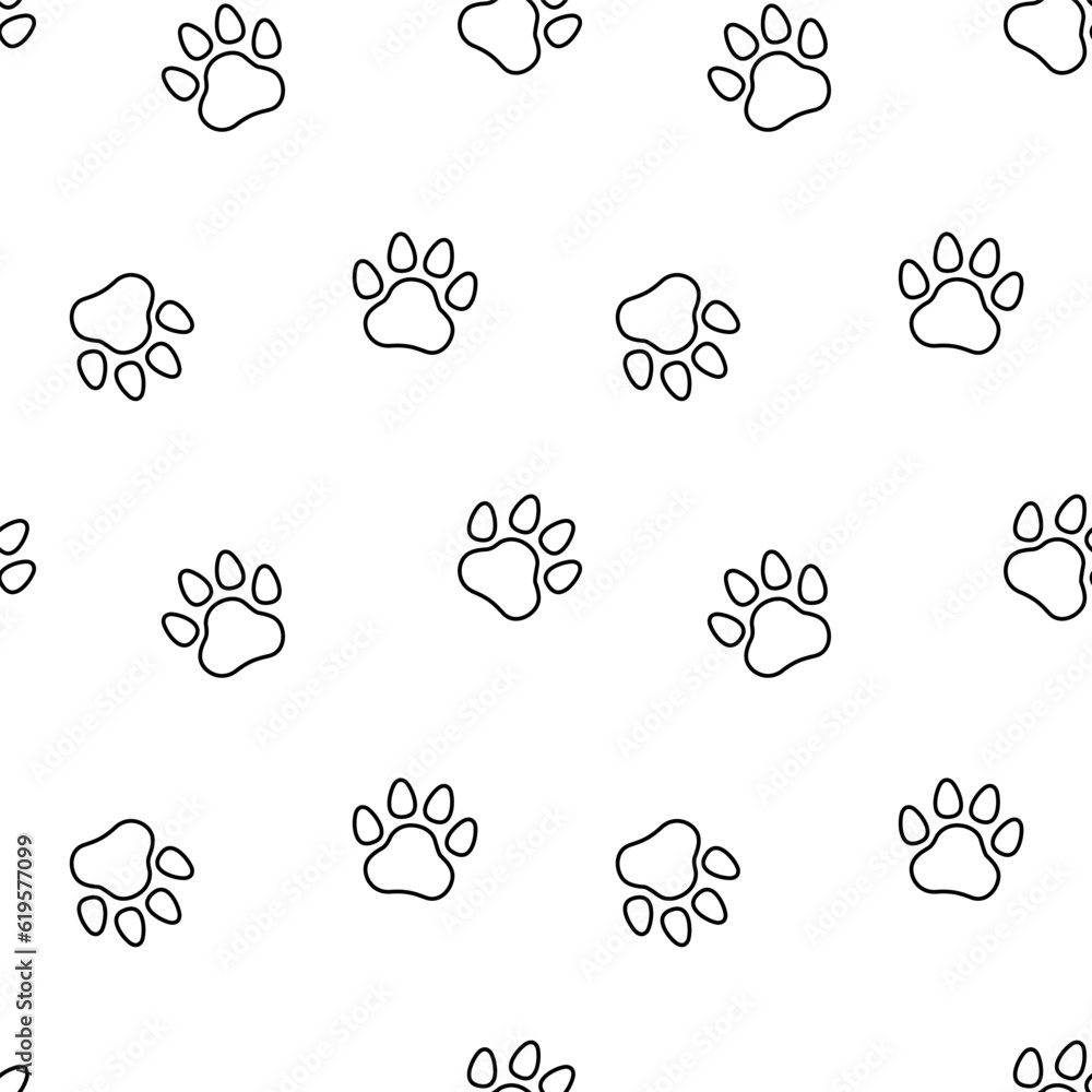 Fototapeta premium Cat or dog footprint on seamless pattern. Outline. Vector