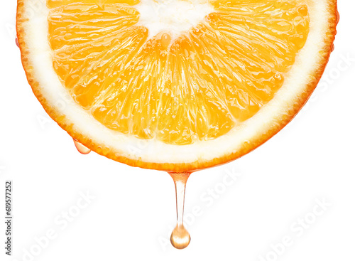 Fresh juicy orange slice dripping juice