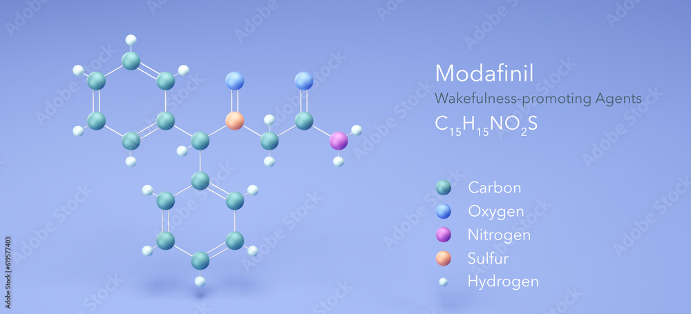 modafinil molecule, molecular structures, wakefulness-promoting agents, 3d model, Structural Chemical Formula and Atoms with Color Coding modafinil molecule, molecular structures, wakefulness-promoting agents, 3d model, Structural Chemical Formula and Atoms with Color Coding