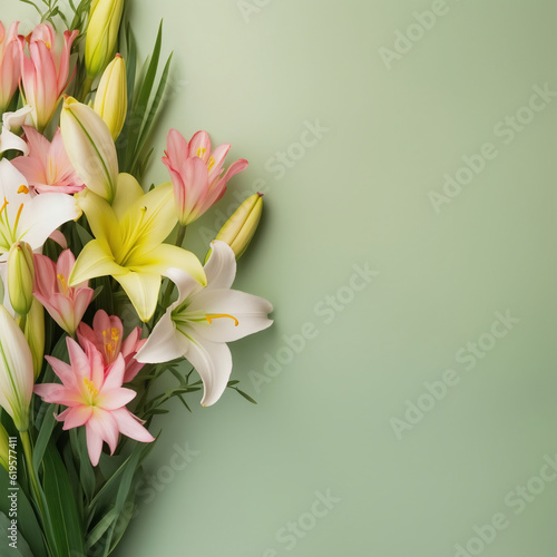 Flowers composition. Frame made of lily flowers on green background. Flat lay, top view, copy space