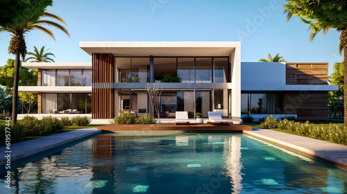 Architectural Masterpiece: Unveiling the Timeless Elegance and Tranquil Aesthetics of a 3D Rendered Home and Pool Villa, Blending Harmoniously the Boundaries Between Indoor and Outdoor Spaces © Nuchjara