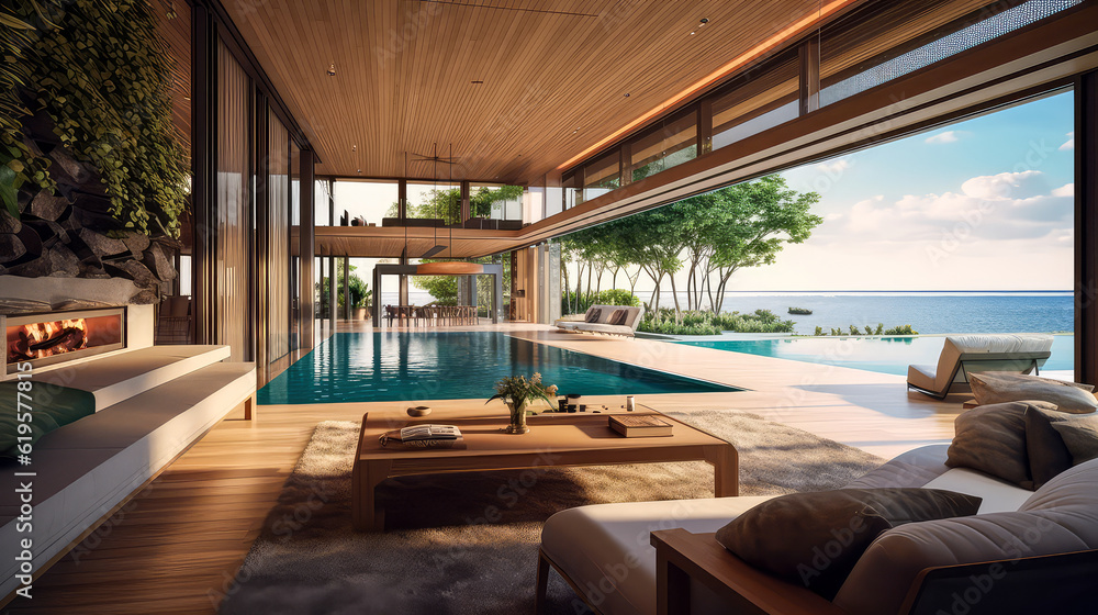 Fototapeta premium 3D render, Modern Interior and pool villa Concept: Embracing the Timeless Elegance and Tranquility of Aesthetics, Creating a Harmonious Fusion of Indoor and Outdoor Spaces