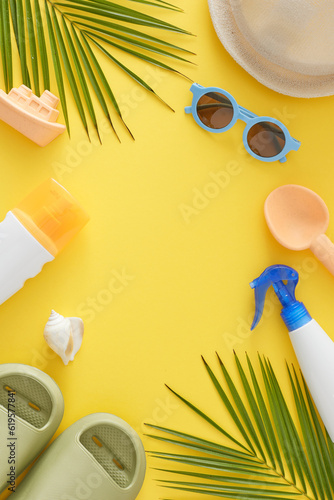 Summer skincare tips for children. Top view vertical shot of sunblock cosmetic bottles, beach toys, eyewear, beach footwear, hat, palm leaves, seashell on yellow background with empty space for advert
