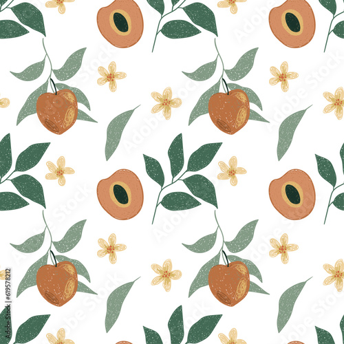 Vector abstract cute hand drawn illustration with peaches. The pattern is great for fabric, wallpaper, wrapping paper, postcard, layout.
