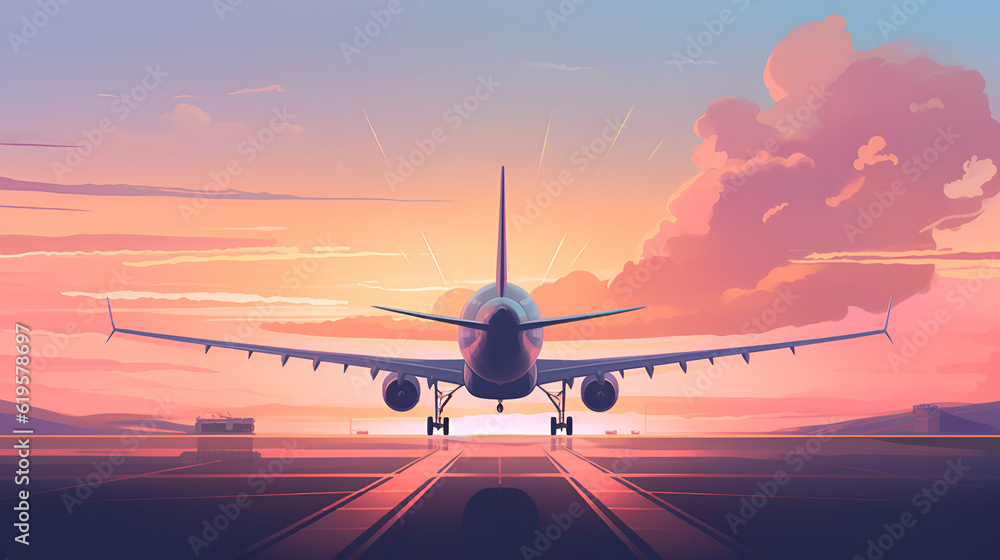 Passenger plane landing on the runway of the airport in the city against the backdrop of a sunset in pink and purple colors. illustration. Generation AI