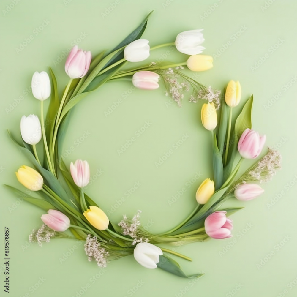 Flowers composition. Colorful tulips on pastel green background. Flat lay, top view, copy space