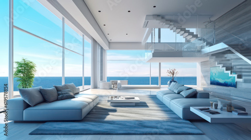 3D render, Modern Interior Ocean Concept: Embracing the Timeless Elegance and Tranquility of Aesthetics, Creating a Harmonious Fusion of Indoor and Outdoor Spaces