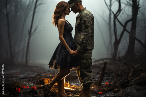 The meeting of a soldier with his beloved woman, the embrace of loved ones after a long separation, the soldier's return home, the happiness of touching and hugging, long-awaited separation