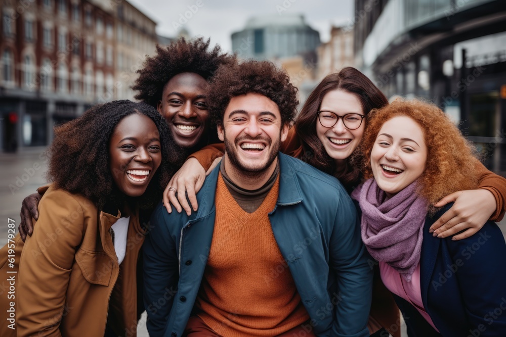 Multiracial group of friends having fun together outdoors on city street- Young cheerful people walking hugging outside- Next gen z lifestyle concept-Smiling student enjoying vacation.