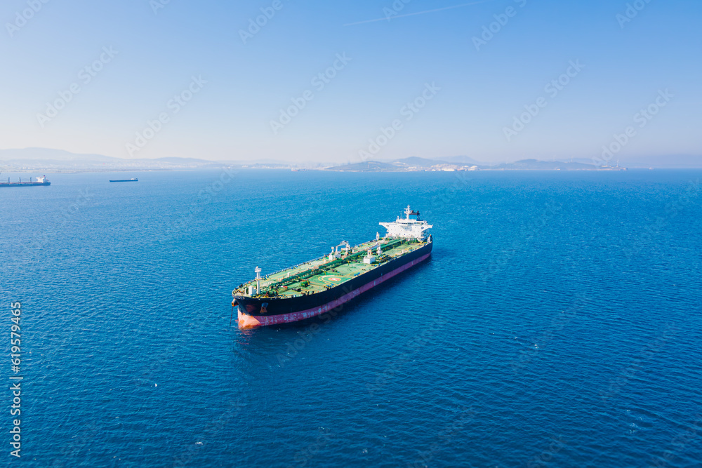 Crude oil tanker waiting loading in sea port, aerial shot