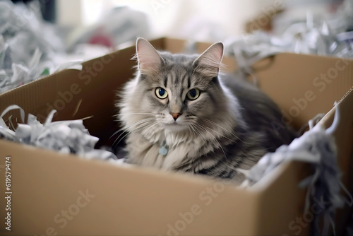 Funny chubby playful cat sitting in a paper box. If It Fits, I Sits © tania_wild