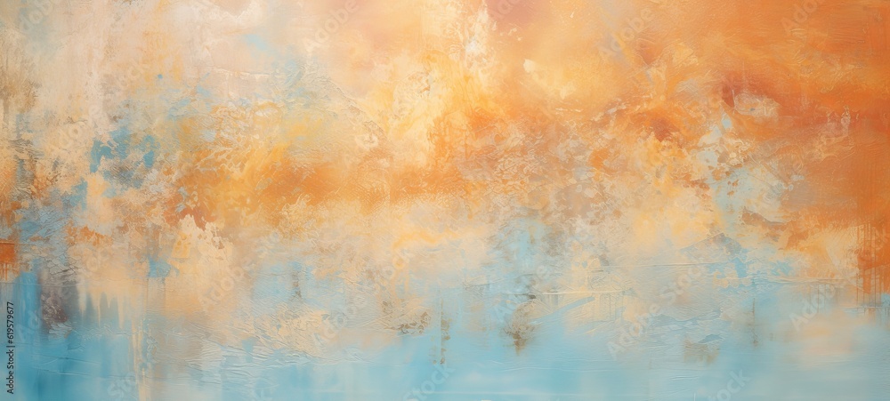Closeup of abstract rough pastel orange blue colorful multicolored art painting texture, with oil brushstroke, pallet knife paint on canvas, complementary colors (Generative Ai)