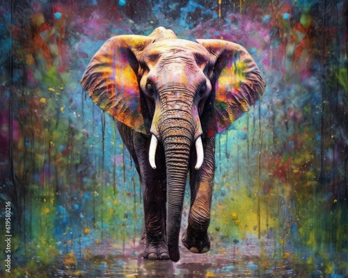 Elephant  form and spirit through an abstract lens. dynamic and expressive Elephant print by using bold brushstrokes  splatters  and drips of paint.  Elephant raw power and untamed energy