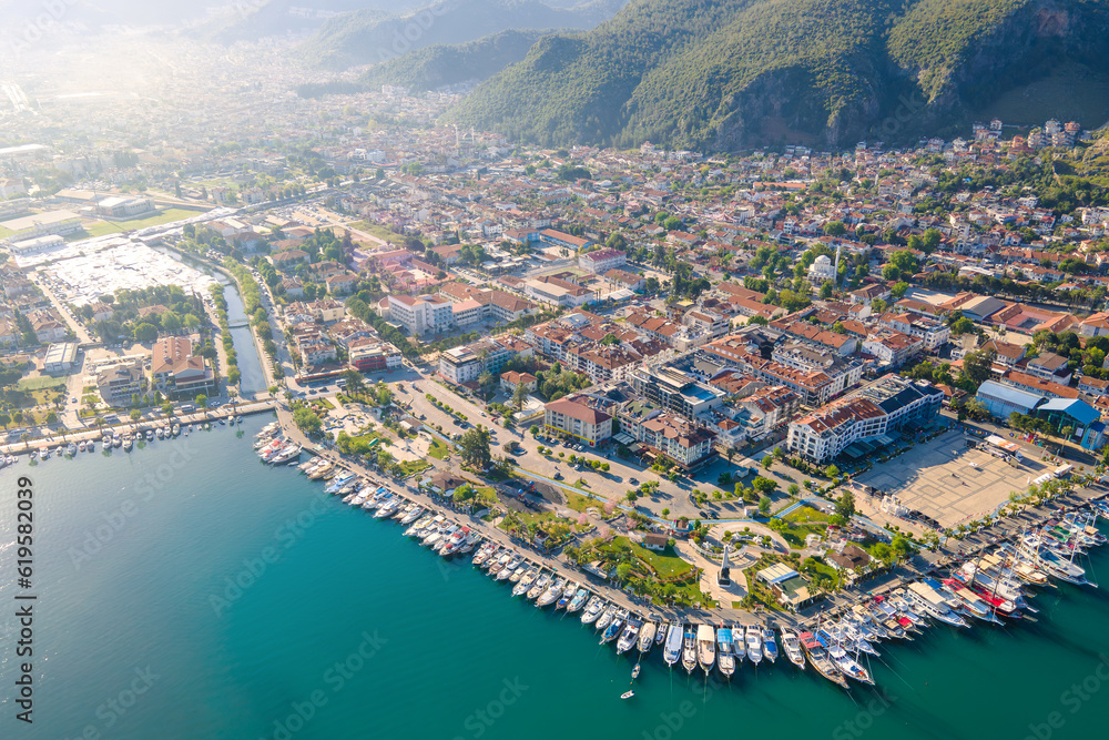 Naklejka premium Resort town Fethiye in Turkey on Aegean sea, aerial shot