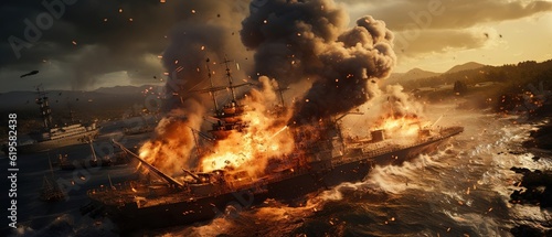 Warships on the water with serious damage. Created with generative AI.