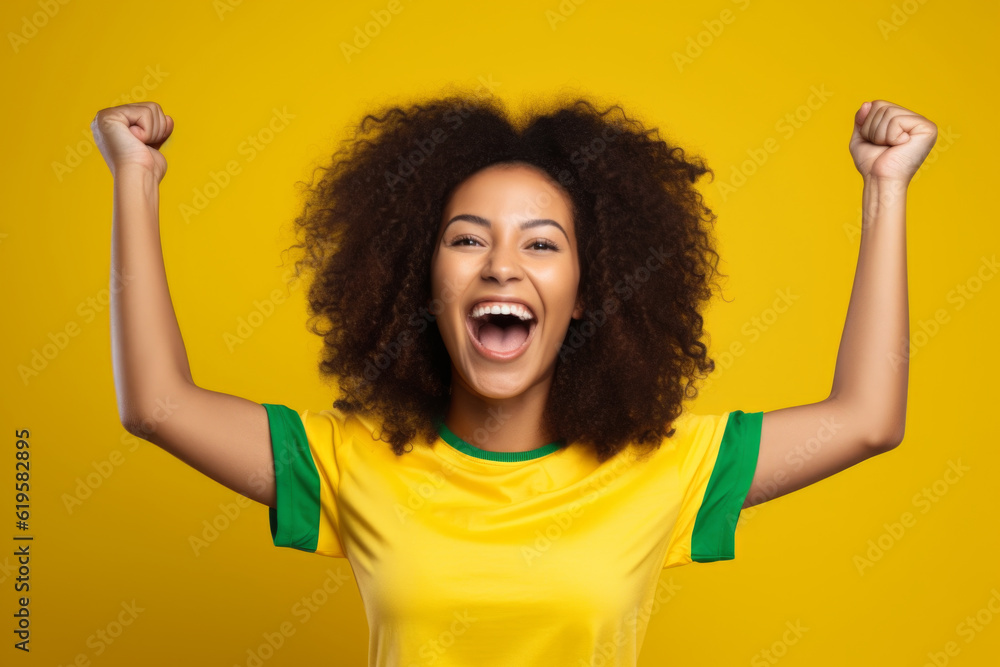 smiling Brazilian fan woman celebrating in front of a gray background. she is dressed in vibrant clothing adorned with national motifs and symbols of Brazil smiling Brazilian fan woman celebrating in front of a gray background. she is dressed in vibrant clothing adorned with national motifs and symbols of Brazil