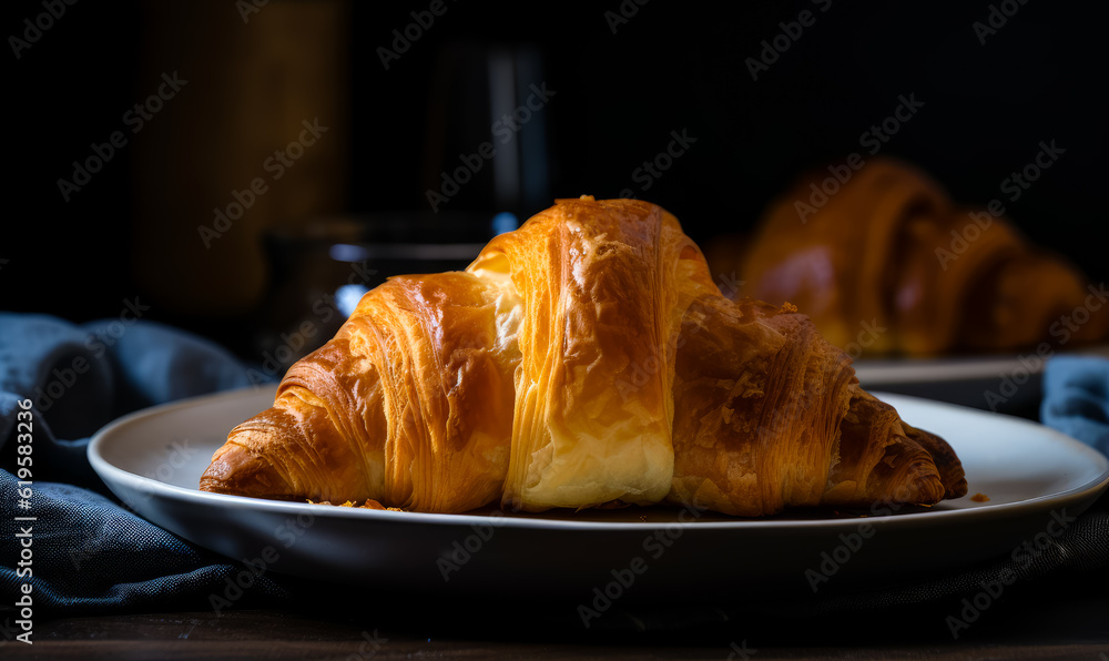 Freshly-baked croissant on a plate. Delicious pastry with crusty top. Close up. Generative AI. Freshly-baked croissant on a plate. Delicious pastry with crusty top. Close up. Generative AI.