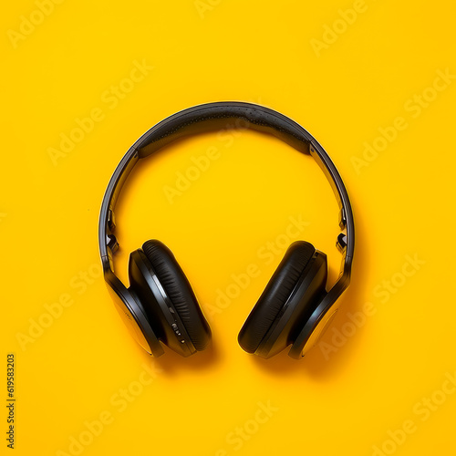 Wireless black headphones on yellow backdrop. Modern gadget close up. Generative AI.