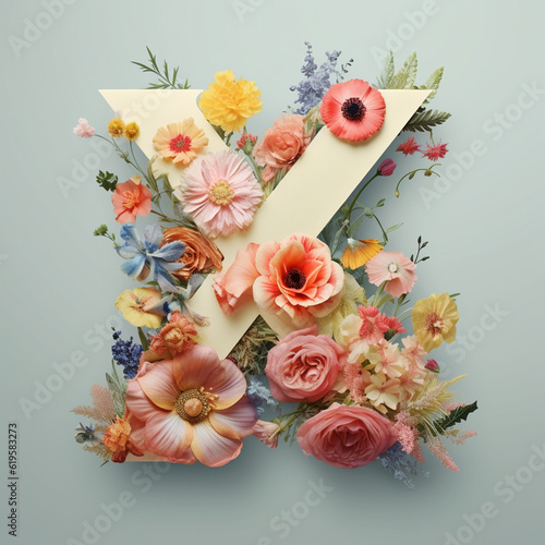 Floral Typography of the Letter X - Beautiful Pastel Flowers Arranged over a Wooden "X" with Calm, Muted Colors - Generative AI