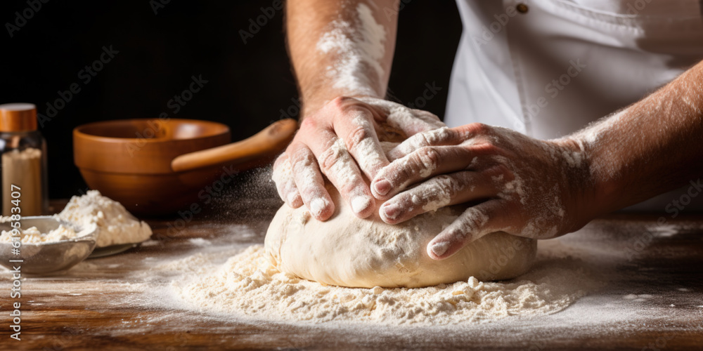 The hands of a man kneading bread dough. Baking bread. Generative AI.