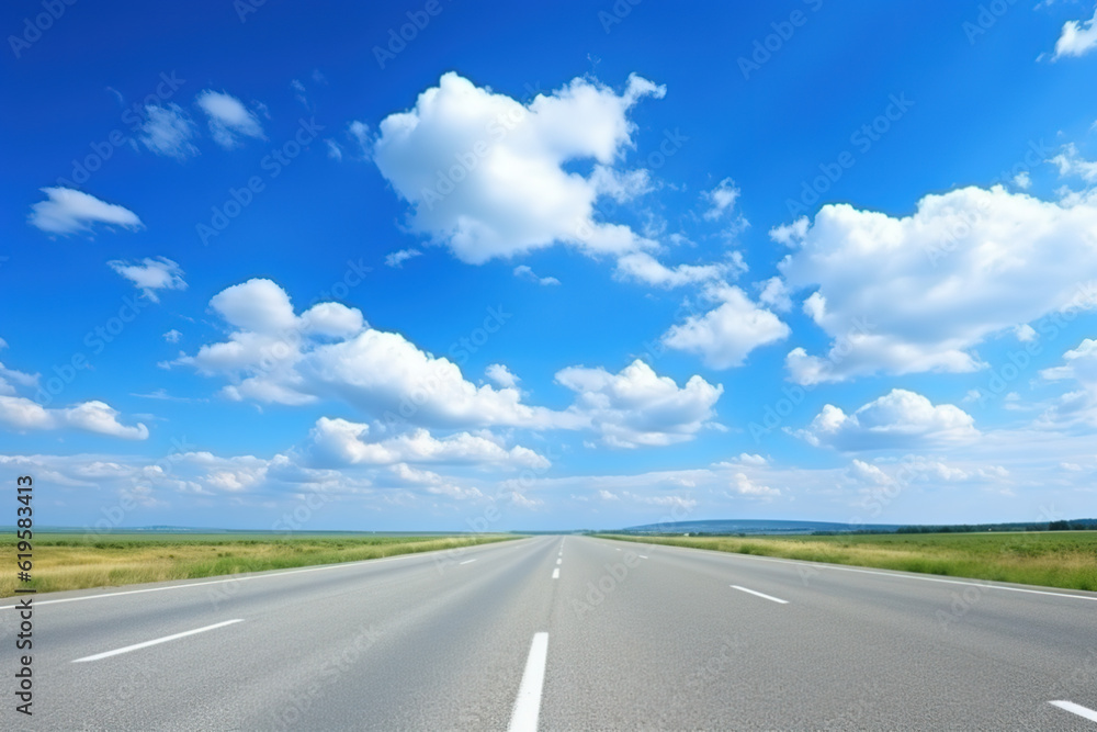 Blue sky with fluffy clouds and highway. Generative AI.