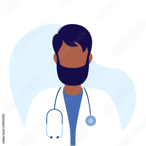 Male doctor therapist or pharmacist with short hair. Doctor with beard and stethoscope. Concept - doctor, healthcare. Vector illustration in flat cartoon style. Isolated on white background.