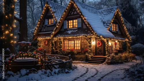 Illustration, AI generation. A large country cottage in the snow at dusk, decorated with Christmas garlands for the New Year.
