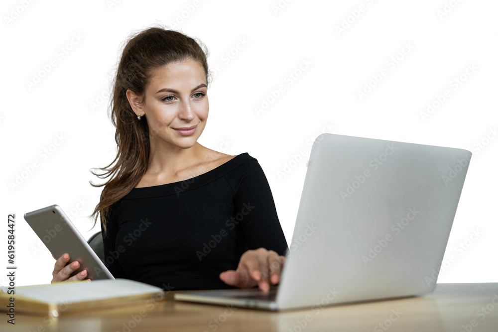 A young specialist programmer woman uses a laptop to work in the office. Transparent background, isolate. A young specialist programmer woman uses a laptop to work in the office. Transparent background, isolate.