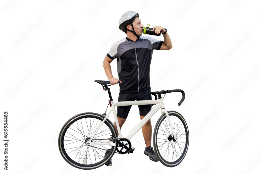 Obraz premium A cyclist in a cycling suit, a man drinks water, training a bicycle. Transparent background, isolate.