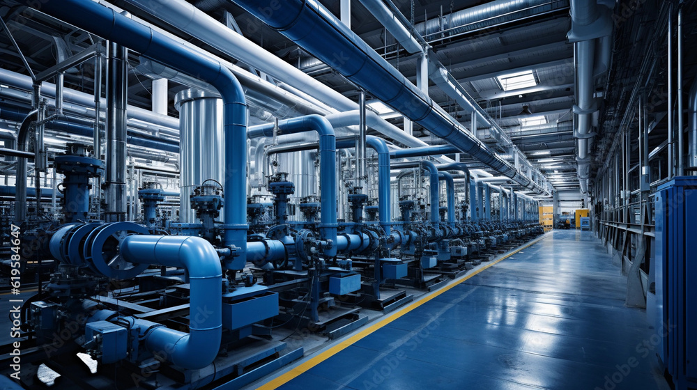 Industrial area. Steel pipelines valves and pumps in huge factory building Industrial area. Steel pipelines valves and pumps in huge factory building