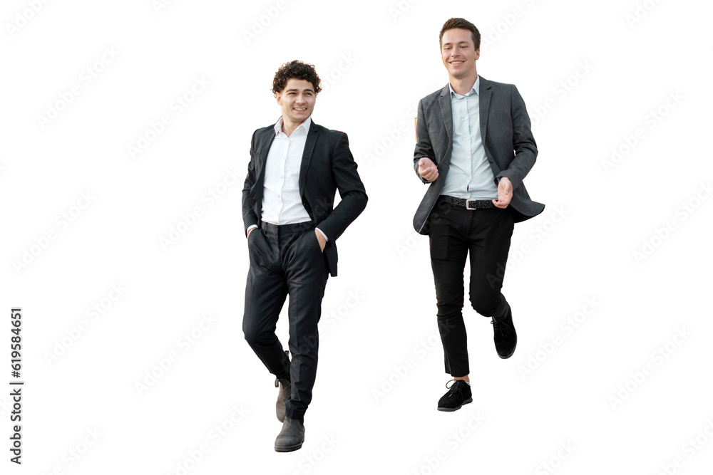 Two colleagues partners full-length young entrepreneurs, office employees in a male suit assistant sales manager. Transparent background, png.