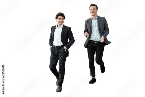 Two colleagues partners full-length young entrepreneurs, office employees in a male suit assistant sales manager. Transparent background, png.