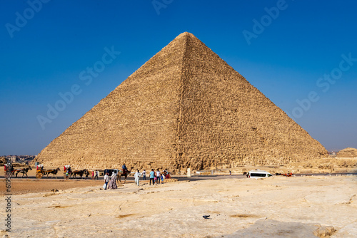 The Giza pyramid complex   Giza necropolis is home to the Great Pyramid  the Pyramid of Khafre  and the Great Sphinx in Cairo  Egypt.  Travel and history.