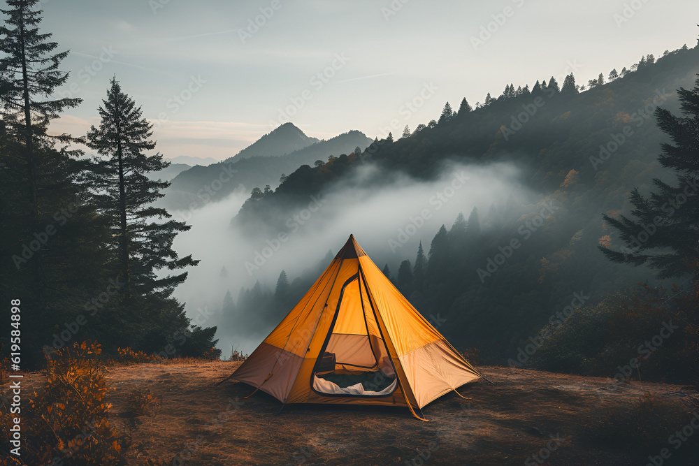camping in the mountains on a foggy evening