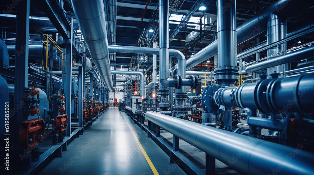 Industrial area. Steel pipelines valves and pumps in huge factory building Industrial area. Steel pipelines valves and pumps in huge factory building
