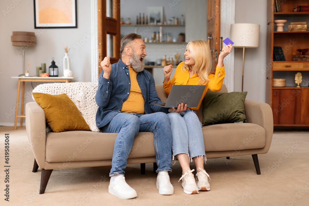 Joyful Mature Couple Using Laptop And Shaking Fists Shopping Indoor Joyful Mature Couple Using Laptop And Shaking Fists Shopping Indoor