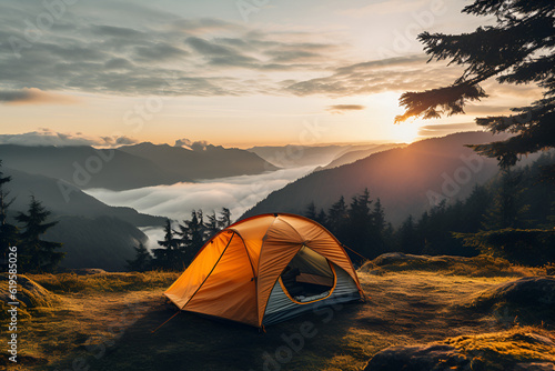 tent in the mountains at sunset