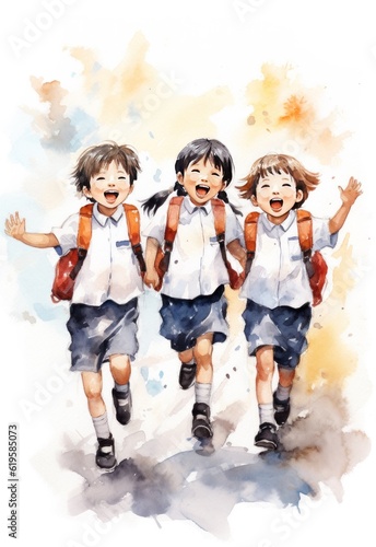 Three happy school boys running.