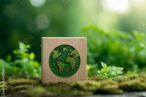 Environment icon on a wood block in green nature background..save the earth the clean planet, ecology concept with copy space and world environment day concept