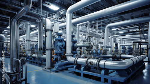 Industrial area. Steel pipelines valves and pumps in huge factory building