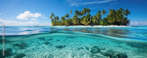 Tropical island with palm trees underwater, panoramic view © lebanmax