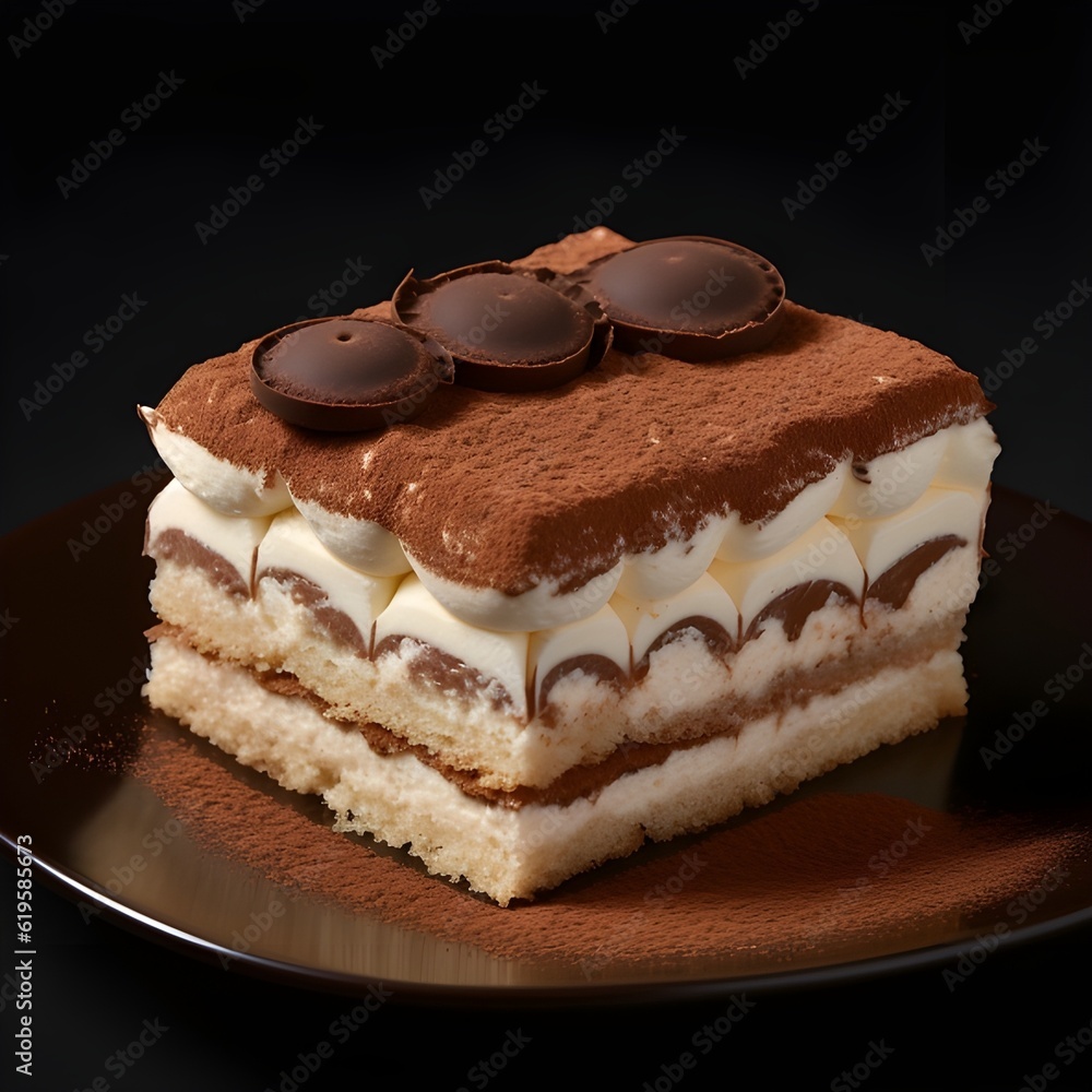 Slice of homemade Italian dessert tiramisu presented on a plate. Pastry tiramisu, created with Generative AI technology. Slice of homemade Italian dessert tiramisu presented on a plate. Pastry tiramisu, created with Generative AI technology.