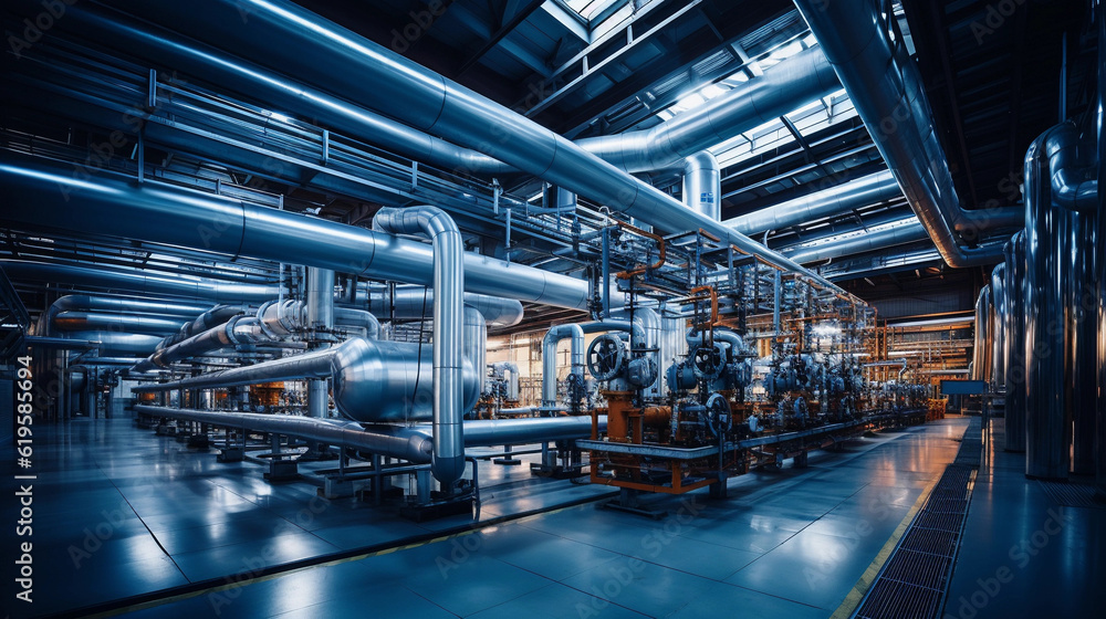 Fototapeta premium Industrial area. Steel pipelines valves and pumps in huge factory building
