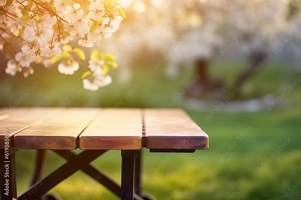 Fototapeta premium rustic wooden table surrounded by a scenic countryside landscape
