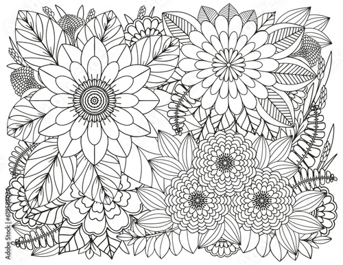 Coloring page for adults and children. Vector flower carpet.